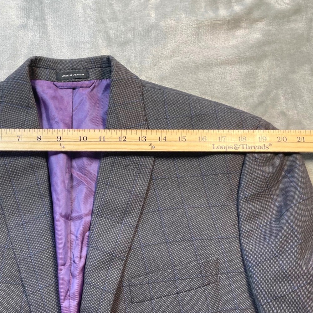 Sean John Mens 44L Blazer Charcoal Indigo Windowpane Purple Lining Suit Jacket - Picture 10 of 14
